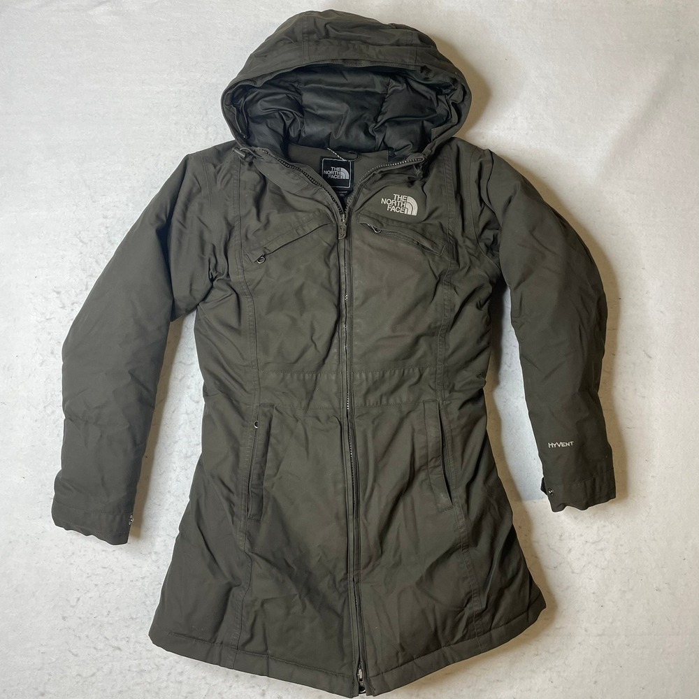 The North Face HyVent Hooded‎ Puffer Jacket Womens XS Olive Green Winter Coat